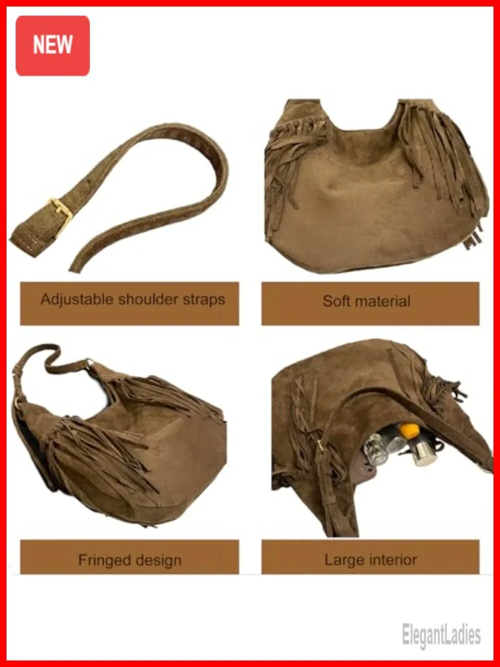 Vintage Y2K Faux Suede Hobo Crescent Fringe Tote Crossbody Shoulder Bag